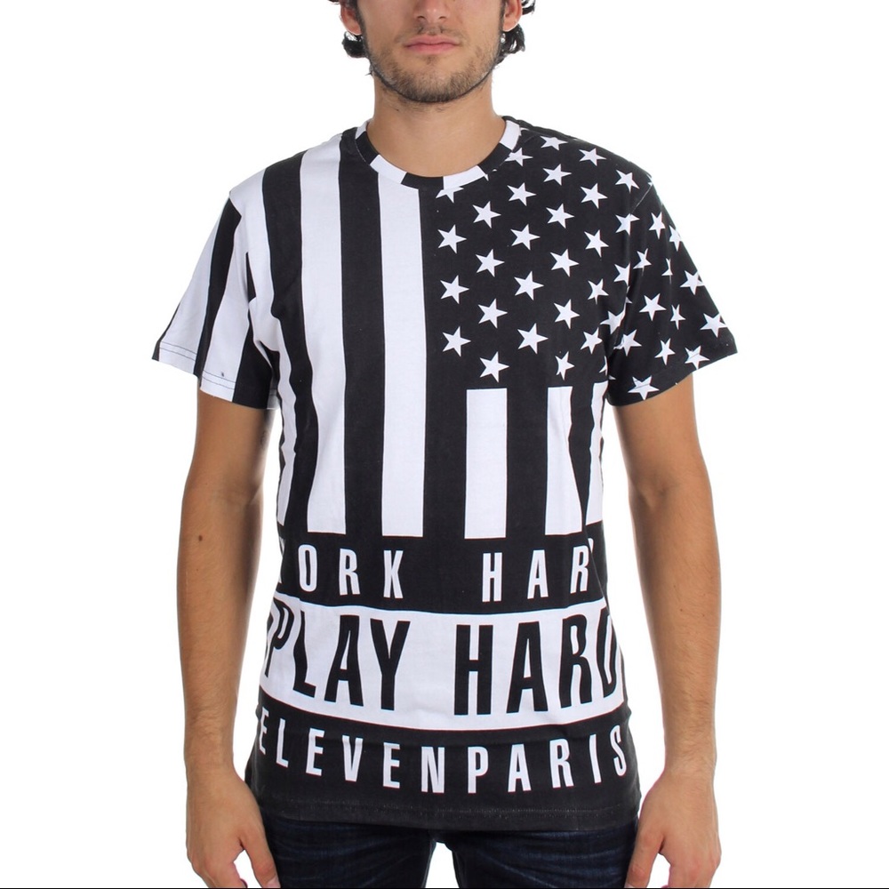 Eleven Paris Flag Work Hard Play Hard Tee Shirt Medium Black White